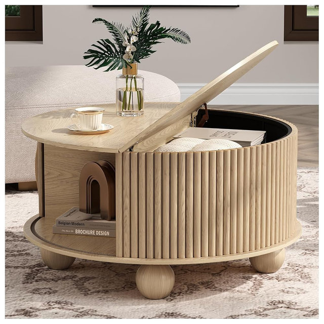 Vanvuson Round Coffee Table with Storage, 31.5" Mid Century Modern Coffee Table with Sliding Door & Bun Feet, Minimalist Fluted Center Table for Living Room, Home Small Space, Oak