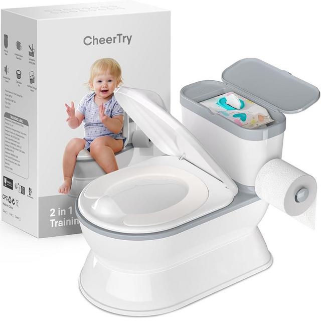 CheerTry 2-in-1 Toddler Potty Training Toilet - Larger Potty Chair & Detachable Training Seat for Boys & Girls Ages 1-3 with Flushing Sound, Wipes Storage, Toilet Paper Holder - Grey