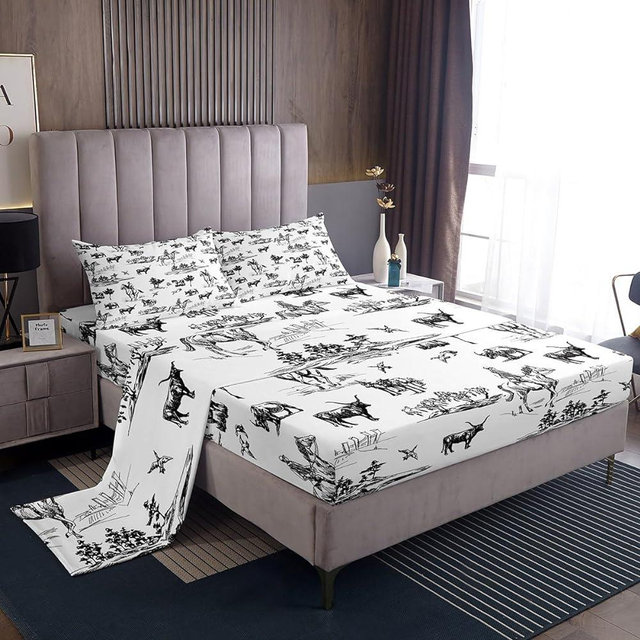 Western Sheet Set Queen Size Sketch Cowboy Cow and Horse Bedding Set 4Pcs Farm Animal Bed Sheet for Kids Boys Girls Adult Room Decor Black White Rustic Farmhouse Fitted + Flat Sheet,2 Pillowcase