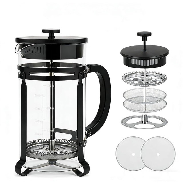 PSAVGLA French Press Coffee Maker 34 oz, 304 Stainless Steel Double Mesh Filter, Borosilicate Glass, Heat-Resistant, BPA-Free, Ideal for Home, Office & Gift (black, 34oz)