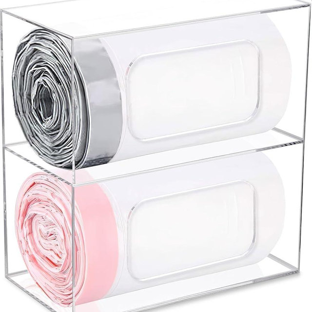 Garbage Bag Dispenser Roll Holder – 2 Compartment Clear Acrylic Trash Bag Dispenser Wall Mount & Under Sink Organizer for Cabinet Kitchen - Trash Bag Organizer for Trash Bag Rolls & Grocery Bag