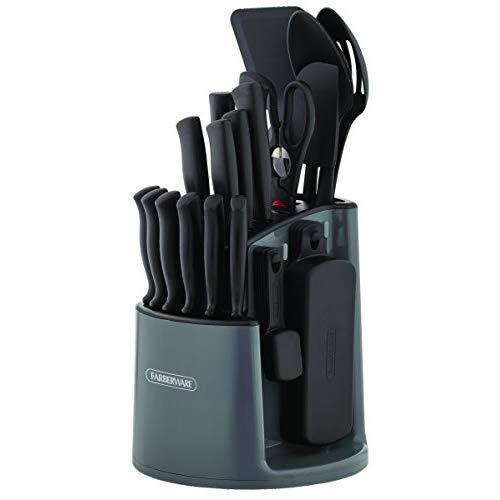 Farberware 5169370 30-Piece Spin-and-Store Knife and Kitchen Tool Set with Rotating Storage Caddy, Black