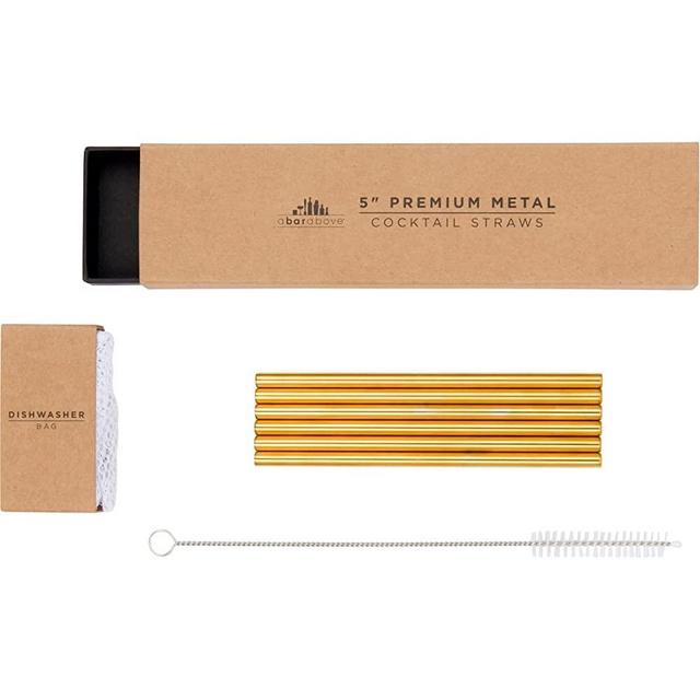 A Bar Above Gold Metal Short Cocktail Straws set, Short Metal Straws Reusable Set w/Dishwasher Safe Bag & Straw cleaner, Reusable straws for drinking & stirring, Gold bar accessories (6 Pcs)