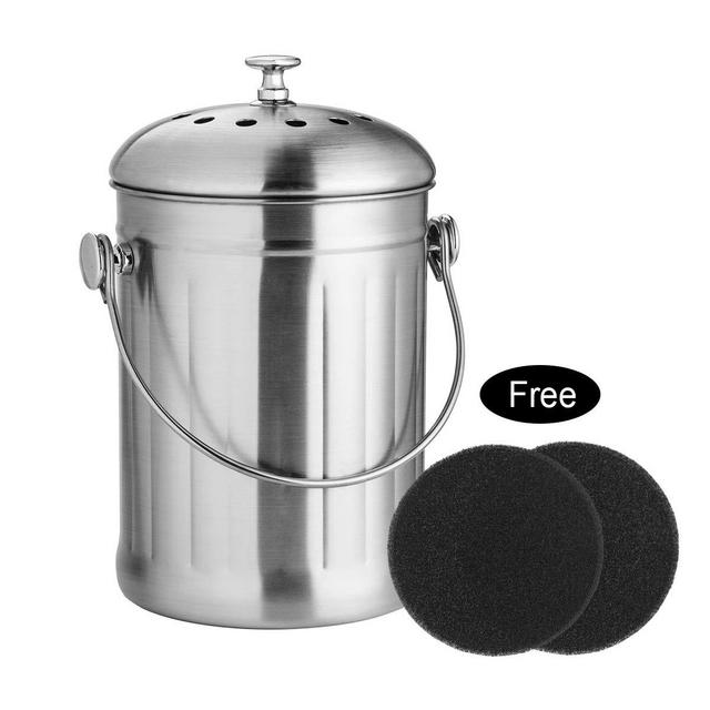 ENLOY Compost Bin, Stainless Steel Indoor Compost Bucket for Kitchen Countertop Odorless Compost Pail for Kitchen Food Waste with A Carrying Handle and 2 Charcoal Filter 1.3 Gallon Easy to Clean