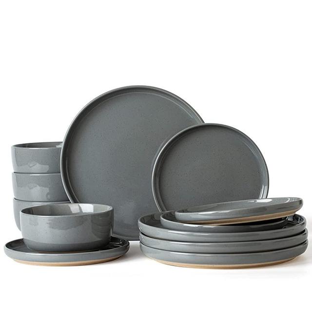 Famiware Milkyway Plates and Bowls Set, 12 Pieces Dinnerware Sets, Dishes Set for 4, Dark Gray