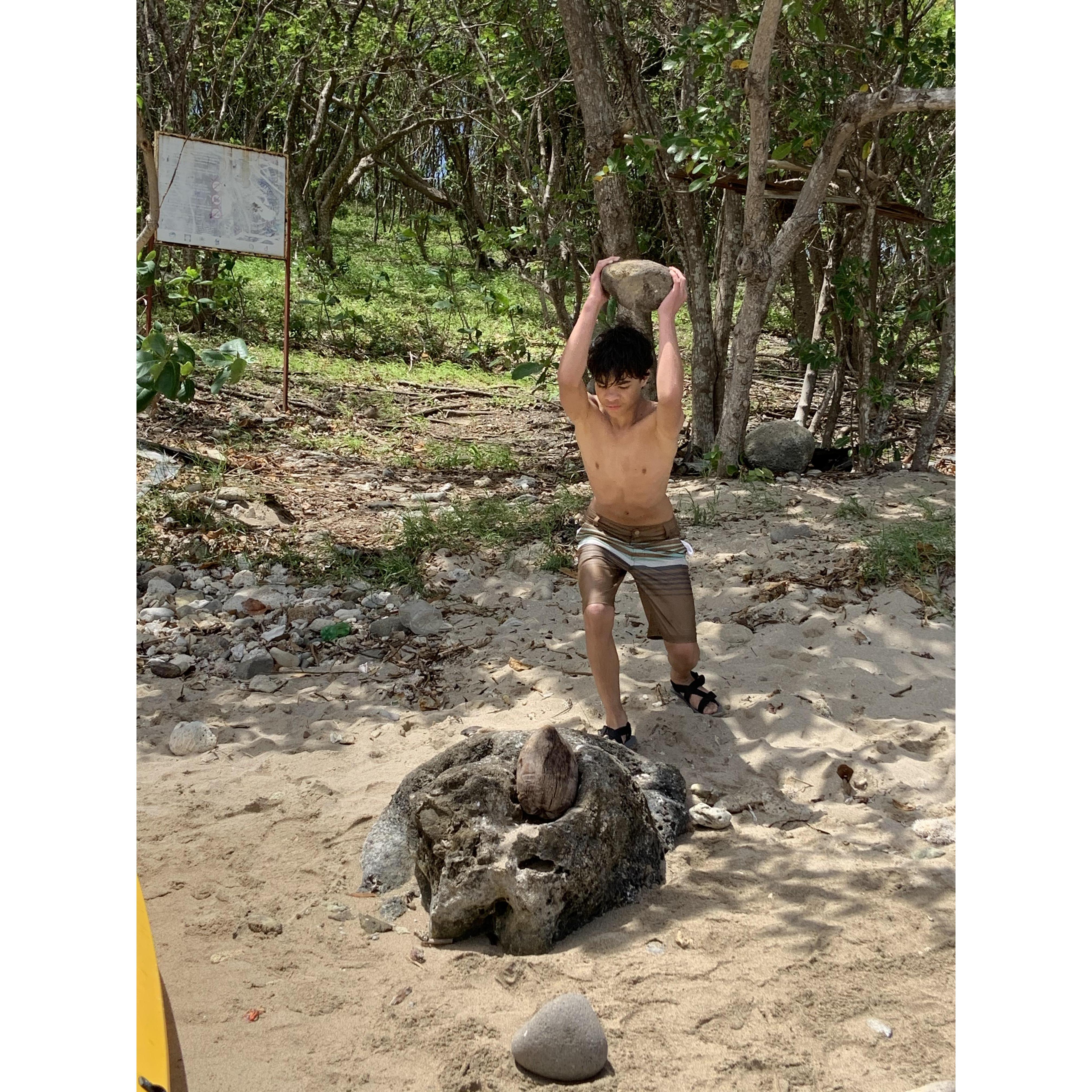 Chaz and Oscar immediately made it their mission to crack open a coconut.