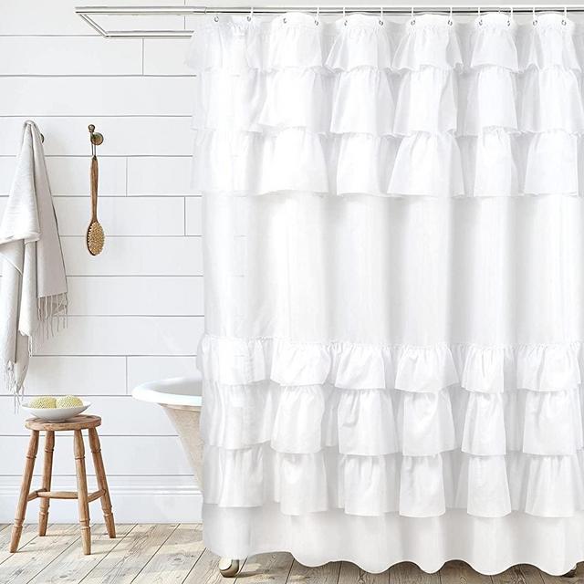 SARTNP White Ruffle Shower Curtain,Farmhouse Fabric Style Design Shower Curtain for Bathroom,Machine Washable - 72" x 72"
