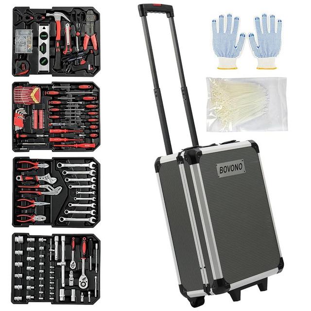 BOVONO 688 PCS Tool Set with Rolling Tool Box, Household Tool Kit with Aluminum Trolley Case, Repair Mechanic Tool Sets Portable Hand Tool Set with Hammer Wrench for Home Men (Grey)