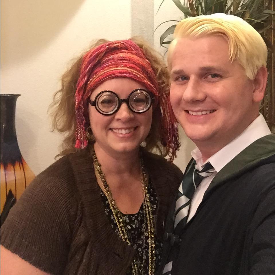 We LOVE Halloween! Our Harry Potter costumes, Professor Trelawney and Draco Malfoy! ...yes John let me dye his hair for this!!