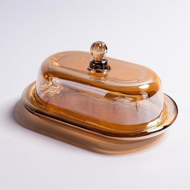 Champagne Color Glass Butter Dish with Lid,Covered Butter Stick Holder Tray,Crystal Glass Butter Storage Container for Kitchen Countertop