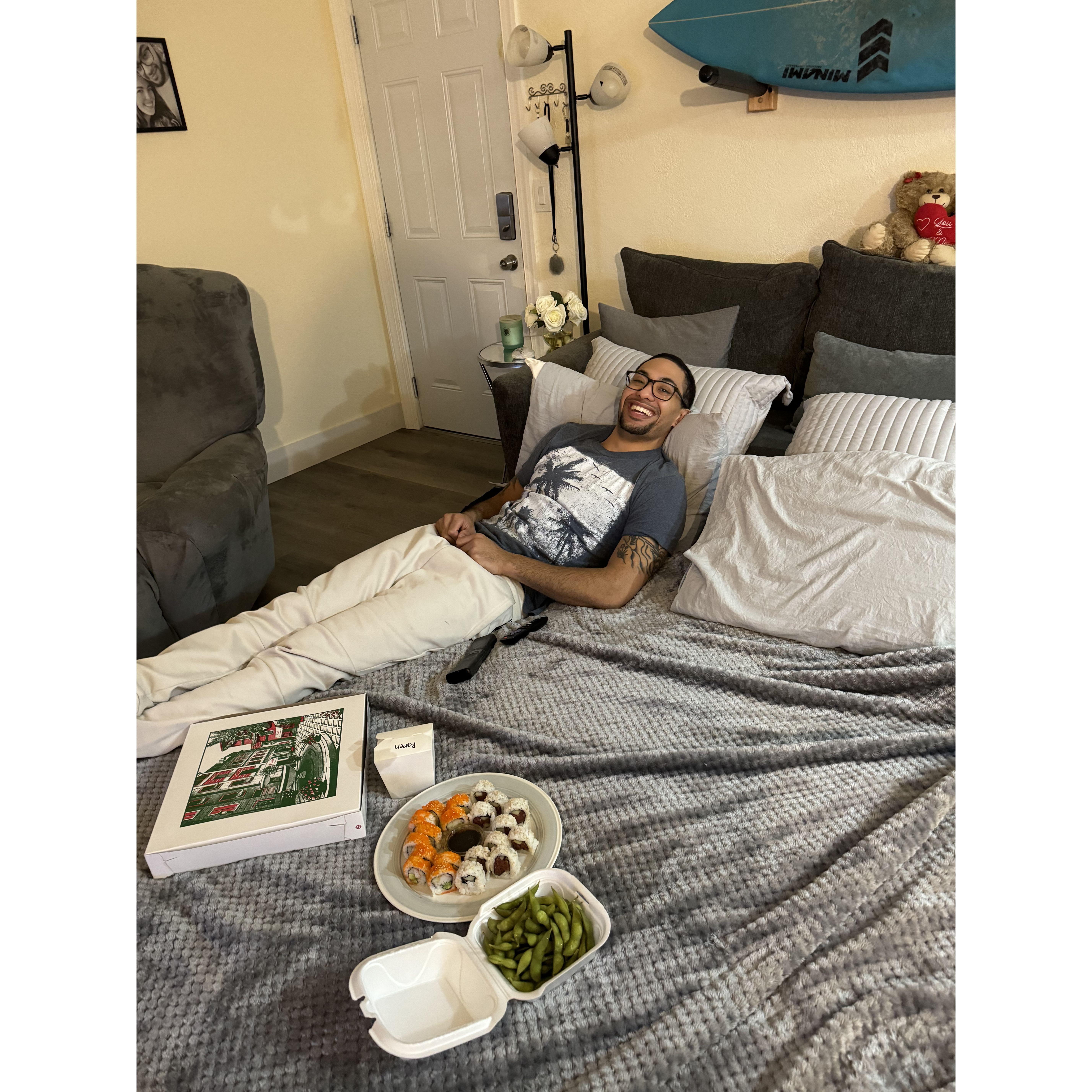 February 5, 2024: Tony came home from tour for a quick visit. We blew up the air mattress in the middle of the living room, got food from all of our favorite spots on The Ave, and had a movie night <3