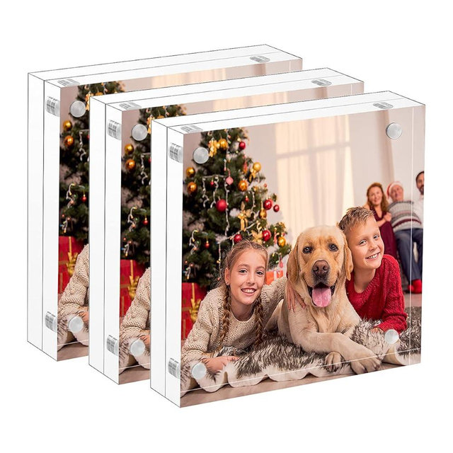 NIUBEE 5x5 Clear Acrylic Picture Frames 3 Pack, 20% Thicker Blocks Self Standing Magnetic Photo Frame, Desktop Card Display