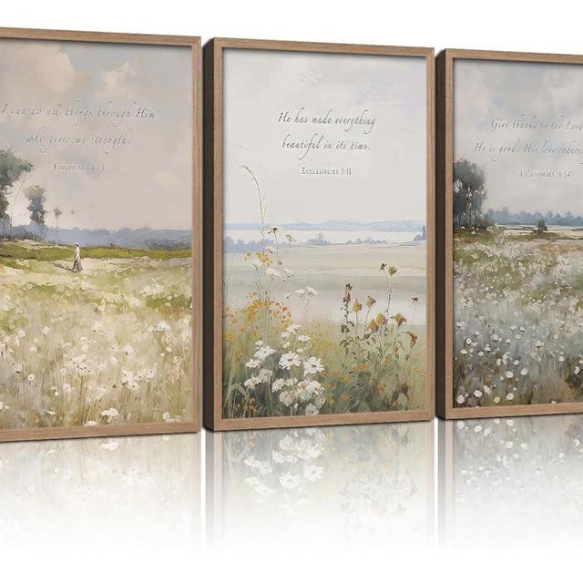 3Pcs Framed Bible Verse flowers Canvas Wall Art Botanical Inspirational Prints Religion Christian Gallery Posters Home Decor Living Room Bedroom Church Prayer Room 12x16 Inch Ready to Hang