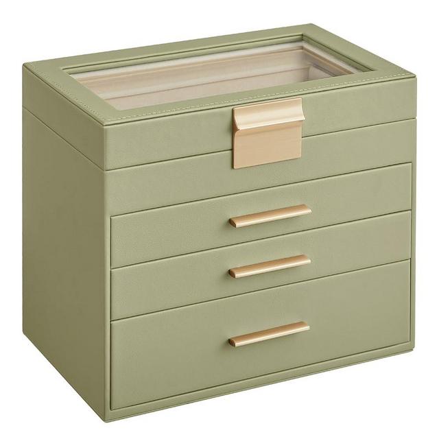 SONGMICS Jewelry Box with Glass Lid, 4-Layer Jewelry Organizer, 3 Drawers, for Sunglasses, Big Jewelry, Jewelry Storage, Modern Style, Laurel Green UJBC161C02