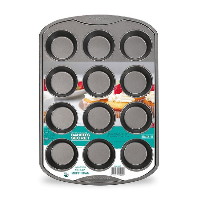 Baker's Secret 12cup Muffin Pan Cupcake Nonstick Pan - Carbon Steel Pan for Muffins Cupcakes Non stick Coating Easy Release Dishwasher Safe DIY Bakeware Baking Supplies - Classic Collection