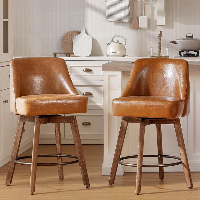 Finekoze Counter Height Bar Stools,Brown-Colored Faux Leather Comfort Fabric Bar Stool Set of 2，360° Swivel Counter Height Stools Solid Wood Legs,27'' Barstools with Contoured Backrest