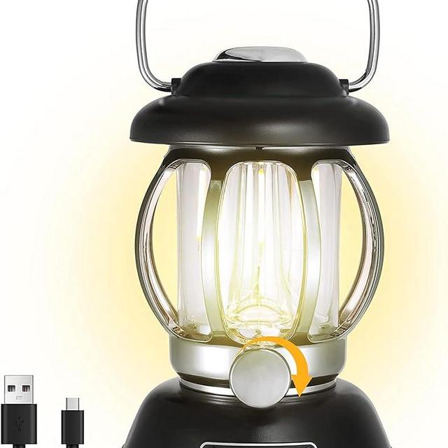 EverBrite Camping Lantern Rechargeable, Retro Metal Camping Light, 4400mAh Battery Powered Hanging Vintage Camping Lamp, 3 Light Modes, Outdoor Tent Light, Emergency Lantern for Power Outage - Black