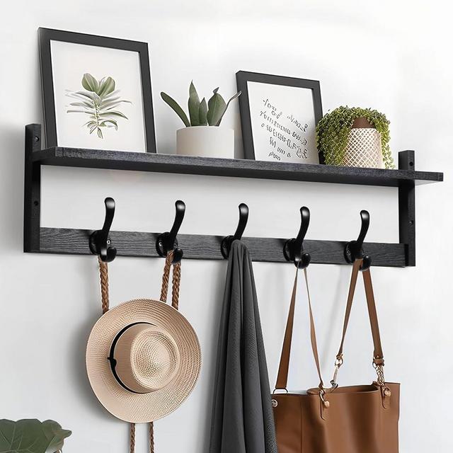 Tatub 29'' Coat Rack Wall Mount with Shelf, Modern Entryway Shelf with 5 Hooks, Wall Hooks with Storage Wooden Coat Hangers for Bathroom, Living Room, Bedroom, Black