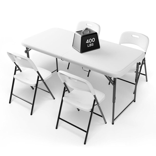 4FT Folding Table Set with 4 Folding Chairs, Heavy Duty 400 lbs Table & 600 lbs Chairs,Dual-Height Adjustment, Portable Folding Furniture Bundle for Camping, Party, Indoor & Outdoor Use