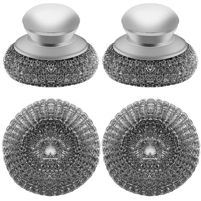 2Pcs Stainless Steel Wool Scrubber with Handle，2 Replacement Steel Scrubber Wool Pads for Cleaning Dishes, Metal Scrubber Pot Scrubbers Can Clean Iron Pots, Stoves, Barbecue Grills, Wash Sink