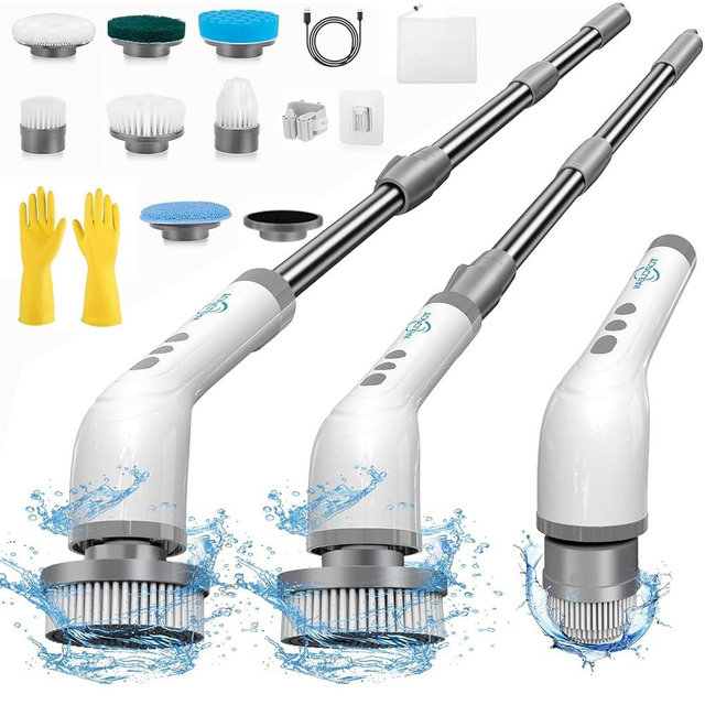 TOPCLEAN Electric Spin Scrubber Cordless - 8 Brush Heads, 2 Speeds, Adjustable Handle for Kitchen, Bathroom, Furniture Cleaning - Grey
