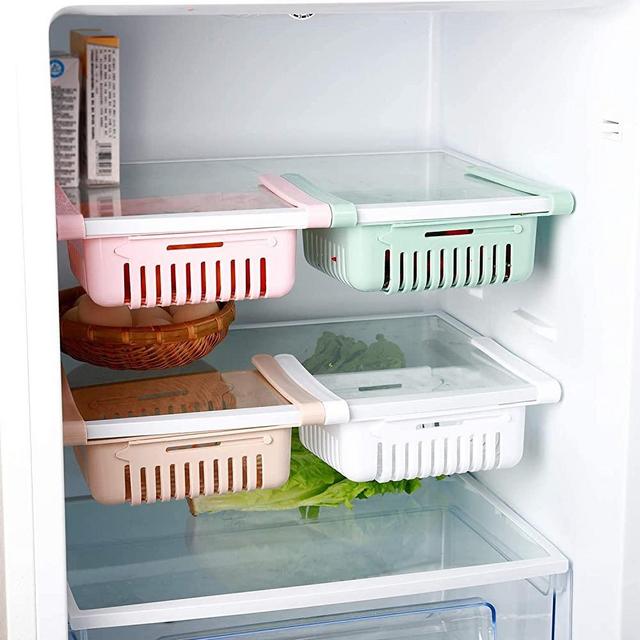 Fridge Drawer Organizer, 4 Pack Retractable Drawer Refrigerator Storage Box, Unique Design Pull Out Bins, Fridge Shelf Holder Storage Box-Fit for Fridge Shelf Under 0.5 Inch