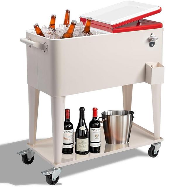 Outvita 80 Quart Rolling Ice Chest, Portable Bar Drink Cooler with Catch Basin, Bottom Storage Tray and Bottle Opener for Patio Party BBQ Beach Activities