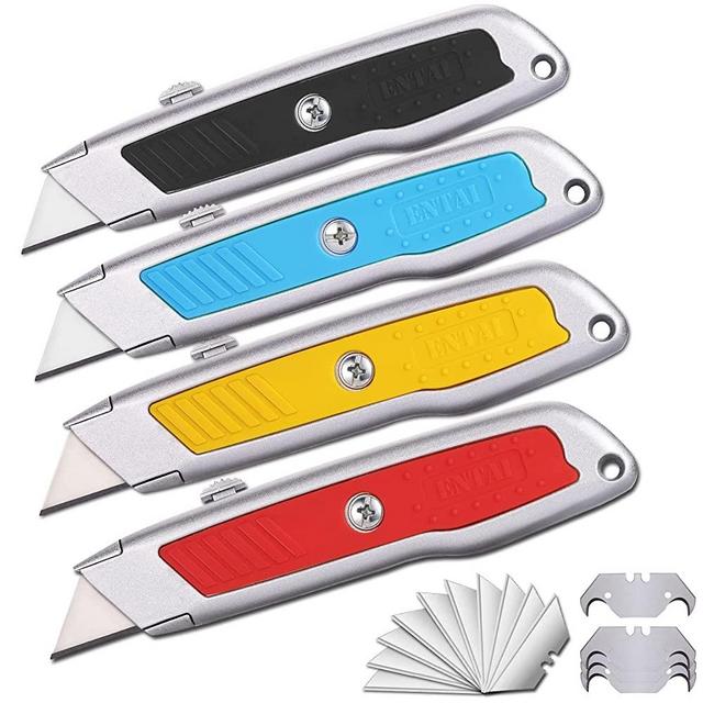 HORUSDY 4-Pack Box Cutter Utility Knife, SK5 Heavy Duty Aluminum Shell Retractable Box Cutter for Cardboard, Boxes and Cartons, Extra 10 blades.