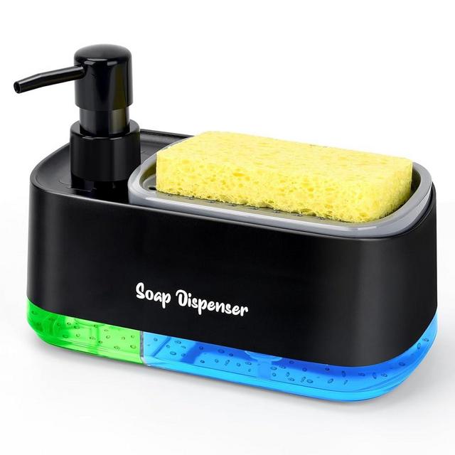 Hand and Dish Soap Dispenser Set for Kitchen, Dual Soap Dispenser with Sponge Holder, 3-in-1 Countertop Soap Pump Dispenser for Kitchen Sink, Useful Kitchen Gadgets - Black