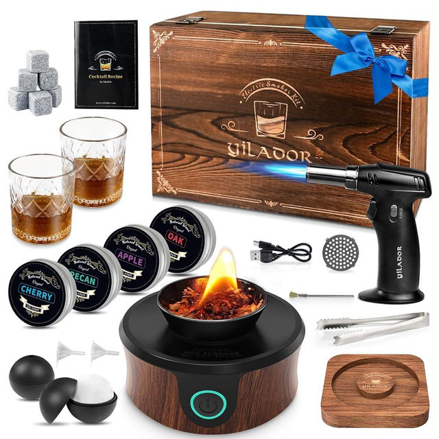 Yilador Electric Whiskey Smoker Kit with Torch, Luxurious Wooden Box, 4 Wood Chips, Ice Molds, Recipe, Stones, Old Fashioned Bourbon Cocktails Smoker, Valentines Day Gifts For Him (Without Butane)