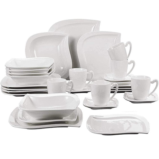 MALACASA White Dinnerware Set,30-Pieces Porcelain Dishes Dinner Set, Plates and Bowls, Cups and Saucers Set, Service for 6, Series Elvira