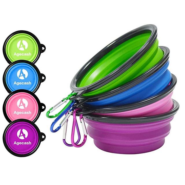 AGECASH A Collapsible Dog Bowl, 4 Pack Portable Silicone Travel Dog Cat Bowls, Pet Water Food Feeding Bowl with Carabiners for Walking Park Hiking