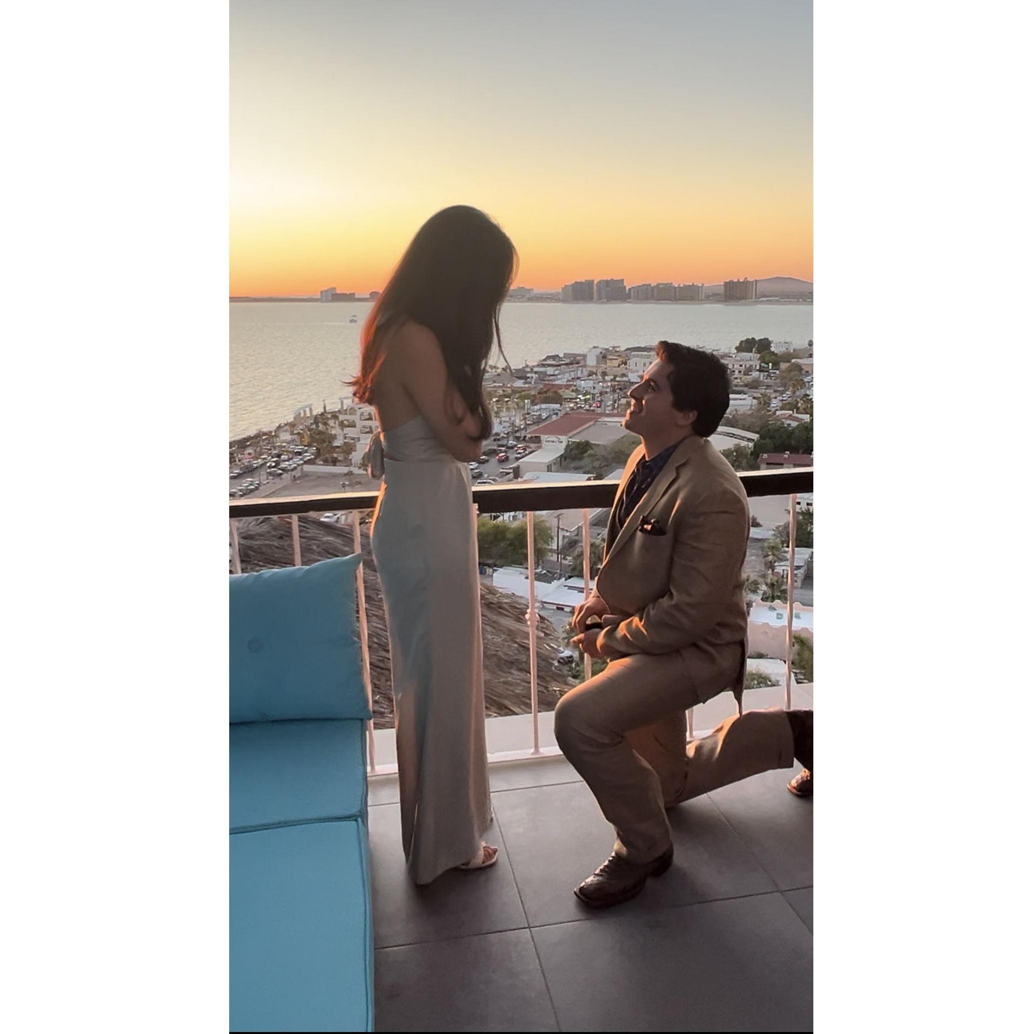 John Tyler proposed on April 28, 2024 on the balcony of Pan y Vino restaurant overlooking the stunning views of Puerto Penasco, Mexico
