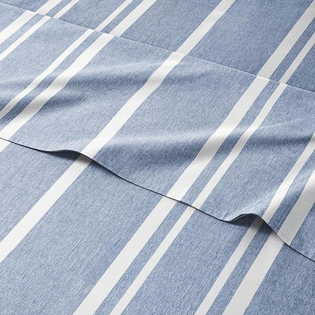 Cal King Size 4 Piece Sheet Set - Comfy Breathable & Cooling Sheets - Hotel Luxury Bed Sheets for Women & Men - Deep Pockets, Easy-Fit, Soft & Wrinkle Free Sheets - Blue Stripes Oeko-Tex Bed Sheet Set
