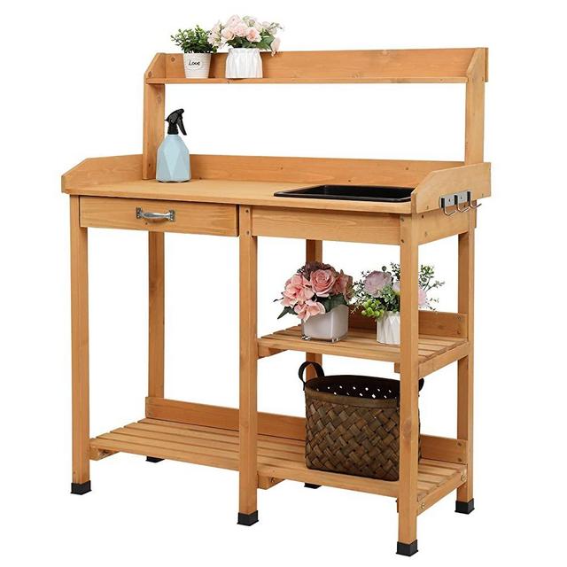 VINGLI Wooden Potting Bench Tables Work Station Table Outdoor Garden Potting Table with Sink Hook Storage Shelf,for Garden Supplies,Natural