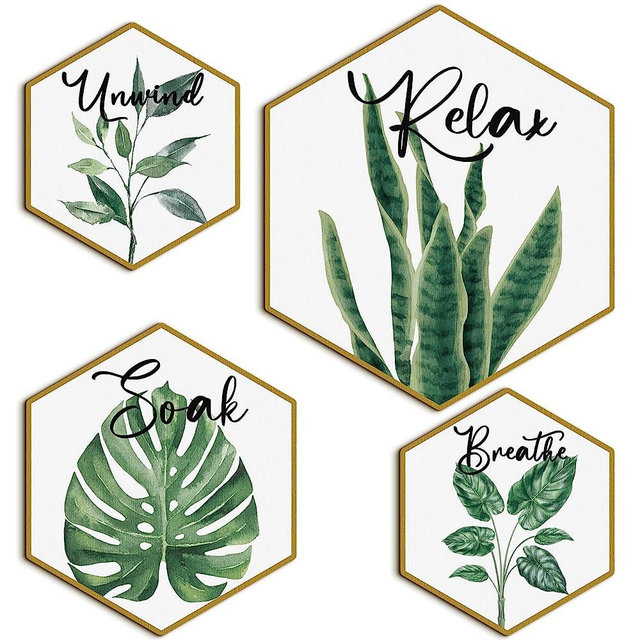 Hoteam Set of 4 Botanical Plant Bathroom Decor Wall Art Gold Framed Relax Soak Unwind Breathe Green Leaf Bathroom Wall Decors Boho Tropical Bathroom Painting Art Print Wood Watercolor Wall Posters