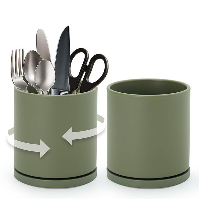 D'vine Dev 360° Rotating Utensil Holder – 5" Kitchen Utensil Crock for Countertop, Modern Cooking Tool Organizer for Kitchen Storage & Décor, Set of 2, Olive, 72-Y-C-1