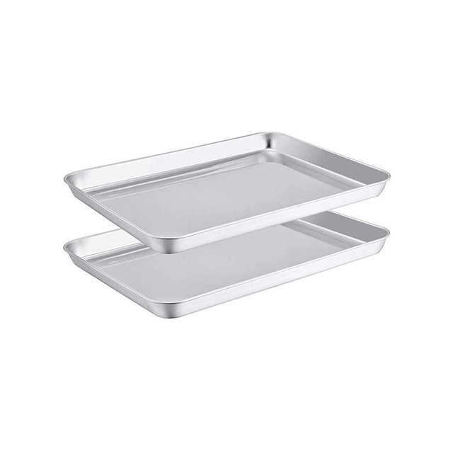 TeamFar Toaster Oven Pans Set of 2, Stainless Steel Compact Toaster Oven Tray Ovenware, 8''x10''x1'', Non-Toxic & Healthy, Easy Clean & Dishwasher Safe, Roll Edge & Mirror Finish