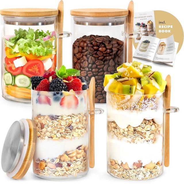 Overnight Oats Containers with Lids, Labels & Spoons (4 x 16oz) Glass Jars for Oatmeal, Meal Prep, Food Storage | Leak-Proof Mason Jars for Oats, Cereal, Yogurt, Chia Pudding [Thicker Glass 3mm]