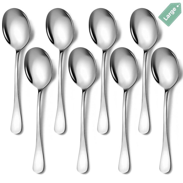 Keyoxy Stainless Steel Serving Spoons Set, 8pc, 10-Inch, Includes 8 Large Spoons, for Parties/Kitchen/Buffet/Catering, Dishwasher Safe
