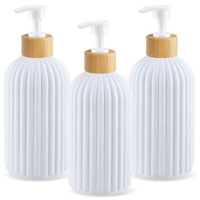 BOSMIOW 3 Pack White Frosted Lotion Bottles with Wood Grain Pump,Hand Soap Dispenser for Shampoo,Body Wash,Massage Oil