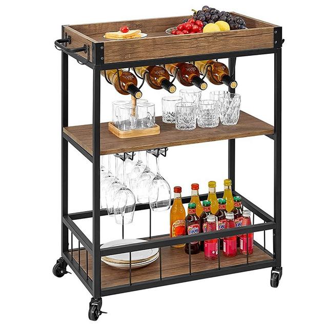 kealive Bar Cart for Home Mobile Metal Wood Wine Cart on Wheels with Handle Rack, Glass Holder, 4 Hooker Removable Wood Box Container, Rustic Portable Outdoor Bar Cart, 31.1L x 15.7W x 35.4H