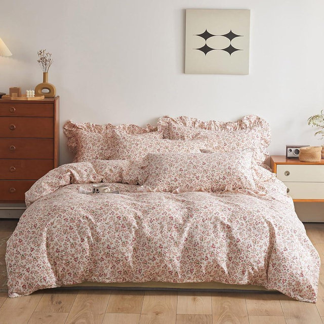 EAVD Vintage Style Pink Floral Duvet Cover King Grey Soft 100% Cotton Reversible Floral Pattern Botanical Bedding Set with 2 Pillowcases Fresh Chic Botanical Duvet Cover with Zipper Closure