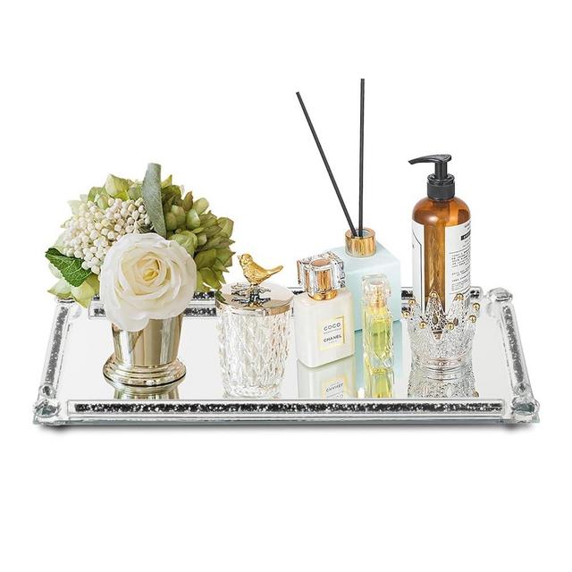 YCWF Glass Vanity Tray with Crushed Diamond,Perfume Tray,Mirror Vanity Trays for Bedroom Dresser,Crystal Cosmetic Makeup Tray,Decorative Tray for Home Decor Gift(Black Crushed Diamond)