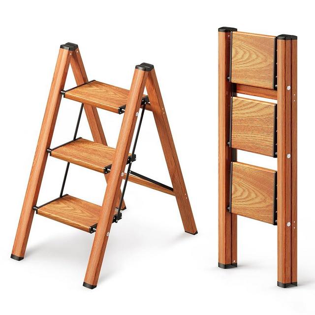 GameGem 3 Step Ladder, Folding Step Stool with Anti-Slip Wide Pedal, Aluminum Material Lightweight Yet Sturdy, 300 Lbs Load, Cute Modern Apperance for Indoor Household Spaces