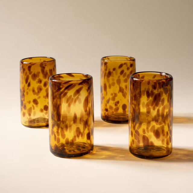 Tall Set of 4 Tortoiseshell Handblown Glassware