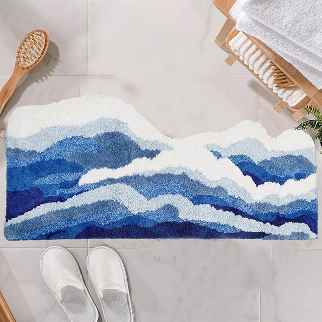 Loyeeho Wavy Bathroom Rug - Ocean Blue 3D Microfiber Carpet with Non-Slip Backing (32"x20")