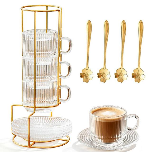 SJORHNUS 5.4 oz Espresso Cups Set of 4,Clear Glass Coffee Cups with Saucers Spoons and Cup holder,Stackable Small Cup for Espresso,Latte,Cappuccino,Tea