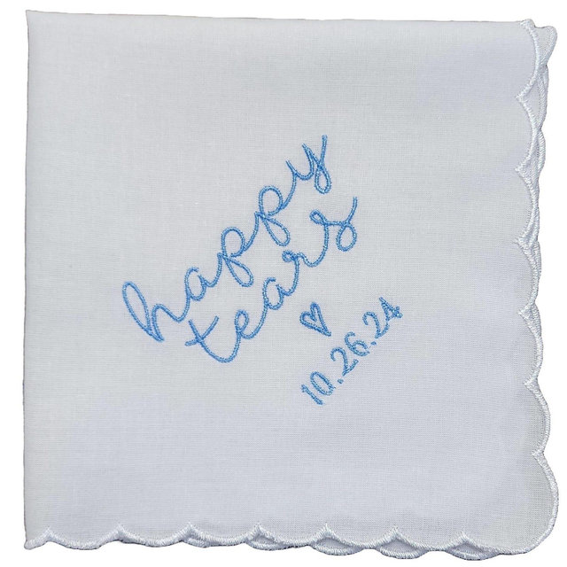 HAPPY TEARS with Heart and Custom Date, Embroidered Square Scalloped Edge Handkerchief