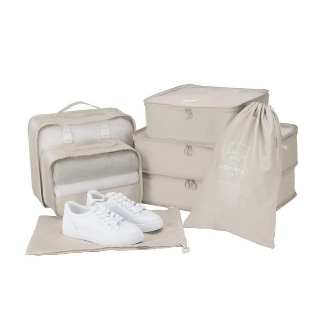 TRAVKOA 7 Set Packing Cubes , Travel Packing Organizers for Suitcases Compression Travel Cubes with Laundry Bag & Shoe Bag (Cream)